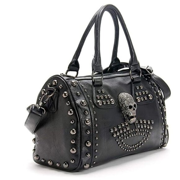 𝅺BLACK Leather Skull Handbag Large Gothic Shoulder Bag Biker Rocker Studded NWT - Picture 1 of 6